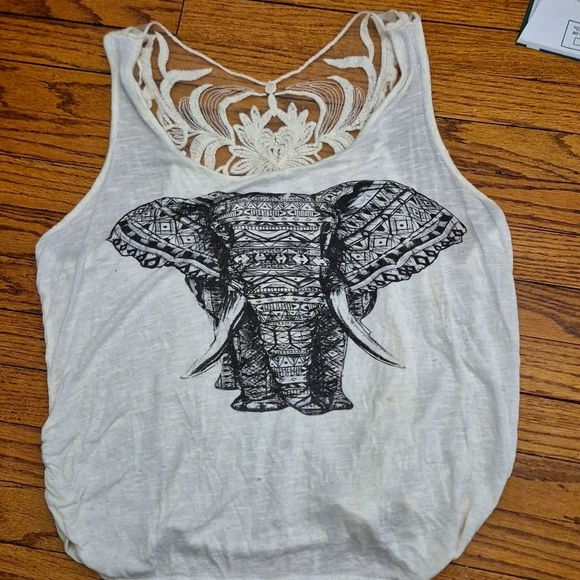 Free Kisses Tops - Elephant Graphic on Cream Tank Top Ornate Back Sheer &  Floral Needlework XL
